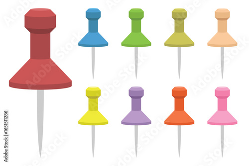 A collection of colorful pushpins in various shades including red, blue, green, yellow, purple, orange, and pink. These pins are tools for fastening notes and reminders.