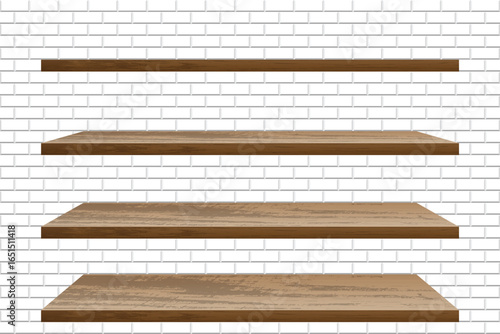 A minimalist image showcases four simple wooden floating shelves against a bright white brick wall. The shelves provide a blank canvas for displaying items or organizing storage.