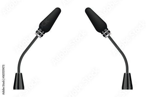 Two sleek, black microphones stand poised on a white backdrop, ready to capture voices in a clear, professional manner. Ideal for podcasting or meetings.