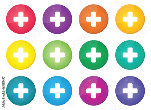 A pattern featuring twelve colorful circles, each containing a white plus sign in the center. The circles have different colors and a glossy finish and are spread evenly.