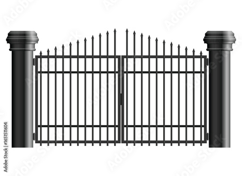 A wrought iron gate is flanked by cylindrical pillars. The gate's vertical bars rise to spear points, creating a stately entrance, while the pillars add a touch of architectural elegance.