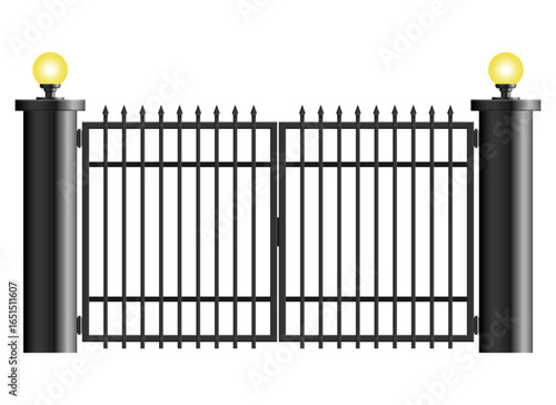 This image features a decorative wrought iron gate with pointed finials, supported by two substantial black posts topped with illuminated orbs, all set against a clean white background.