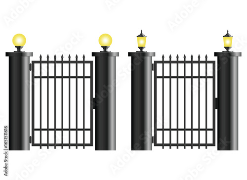 The illustration showcases two gates with black cylindrical pillars, each topped with a light fixture. The gates feature evenly spaced vertical bars, creating secure entrances.