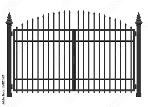 A symmetrical iron gate stands, composed of vertical bars with pointed spikes at the top. The gate is hinged on either side by thick, decorative posts.