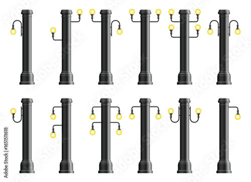 A set of twelve black lamp posts, each with glowing yellow globes of varying quantities and styles, are arranged in two neat rows on a white background.