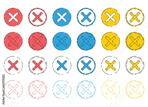 Colorful circular X symbols are arranged in rows and columns against a plain white backdrop. The circles and X's are red, blue, yellow and white.