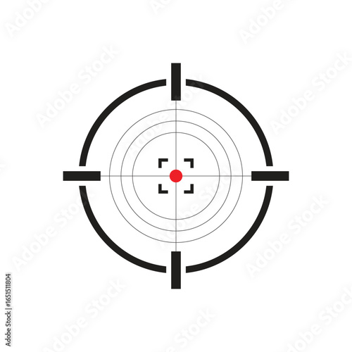 A circular aiming sight with concentric circles and crosshairs is featured on a white background with a red dot in the very center of the target.