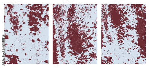 Triptych displaying a detailed view of textured surfaces, blending shades of light gray with splatters and blotches of burgundy, creating an abstract art piece.