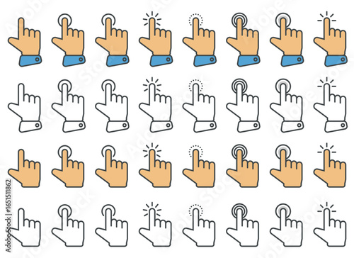 A diverse arrangement of outlined hands with their index fingers extended, set against a clean white background. Each hand signifies a touch or selection gesture.