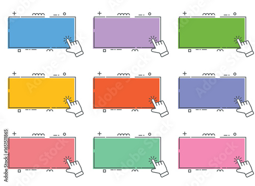 A set of nine colorful rectangular boxes, each paired with a hand cursor implying user interaction. These elements are ideal for designing web and app interfaces.