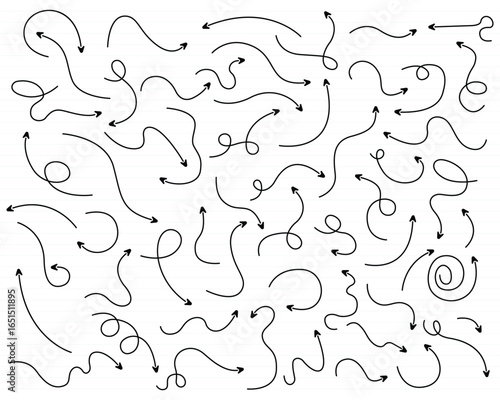 A collection of various hand-drawn arrows. The arrows are all pointing in different directions and some have curves, spirals, and other unique shapes.
