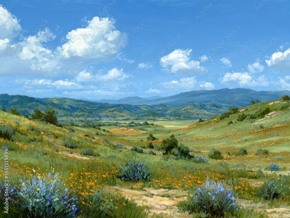 Fototapeta premium Landscape with Rolling Hills and Wildflowers Under the Blue Sky. 