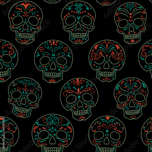 Seamless pattern of sugar skulls with floral designs on a black background