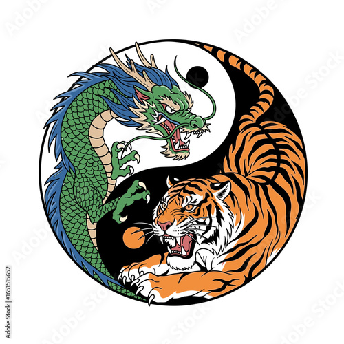 Illustration of a dragon and tiger in a yin yang symbol design style