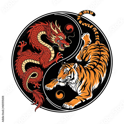 Red dragon and orange tiger in yin yang symbol on black background art