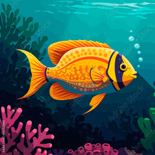 A vibrant yellow fish swimming in a coral reef with bubbles rising up