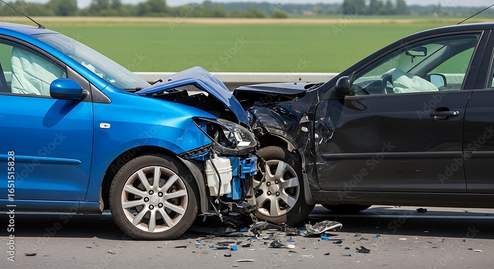 Head on Collision of Two Cars on the Road with Significant Damage and Debris Showing the Aftermath of an Accident Head on Collision of Two Cars on the Road with Significant Damage and Debris Showing the Aftermath of an Accident