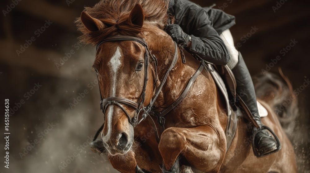 Fototapeta premium Equestrian competition captures rider and horse in mid-jump during indoor event in a well-lit arena
