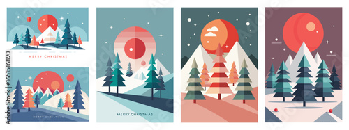 Set of greeting cards for Christmas or winter designs, vector style colorful illustrations, holiday season, copy space