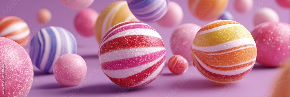 Obraz premium Colorful candy spheres floating above a pastel purple background create a whimsical and playful atmosphere