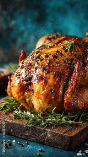 Wallpaper Mural Roast chicken resting on a wooden board garnished with fresh herbs in a cozy kitchen setting Torontodigital.ca