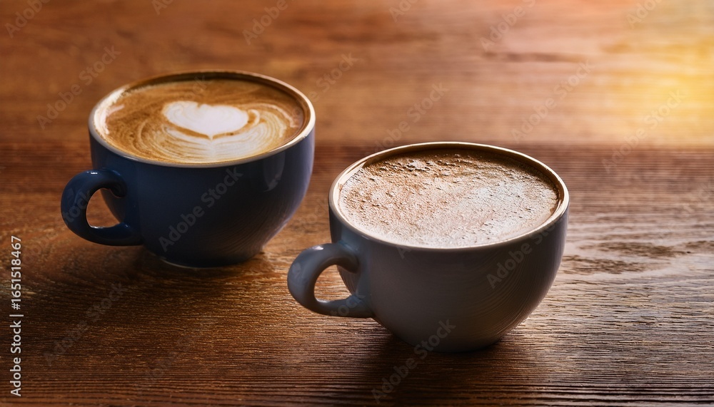 Obraz premium two cups of coffee sitting on top of a wooden table