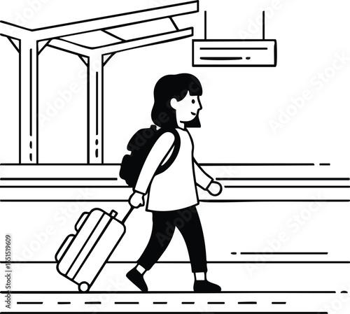 Girl Traveler Walking with Suitcase Illustration Style Black and White Simple Design