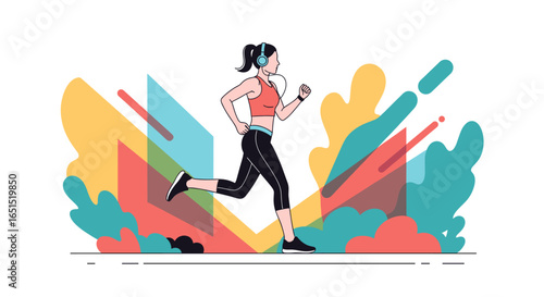 Woman jogging wearing headphones with colorful background art