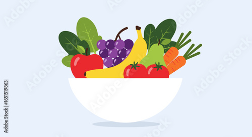 A white bowl filled with various fruits and vegetables art