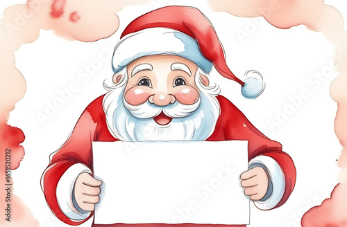 Santa Claus in a red fur coat, holding a sign with an empty field
