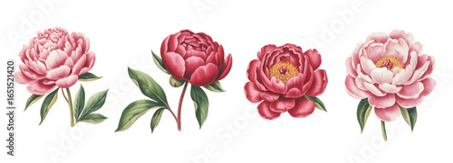 
Vintage red peony blossoms in full bloom watercolor. Retro hand painted scarlet peony flowers with green leaves.