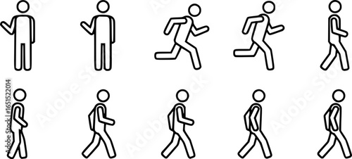 stick figure man, stickman icon, isolated people silhouettes, man standing, running, walking
