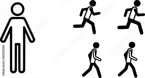 stick figure man, stickman icon, isolated people silhouettes, man standing, running, walking
