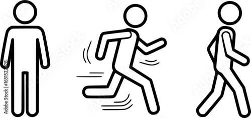 stick figure man, stickman icon, isolated people silhouettes, man standing, running, walking
