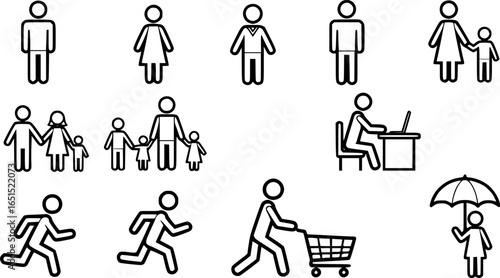 stick figure people pictogram, set of human silhouettes, man icon, various poses, gestures and movements
