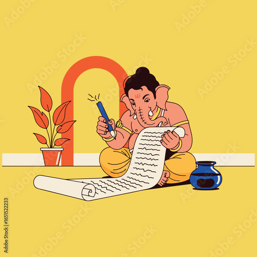 An illustration of Lord Ganesha writing on a long scroll, symbolizing his role as the scribe of the Vedas and a patron of arts and sciences.