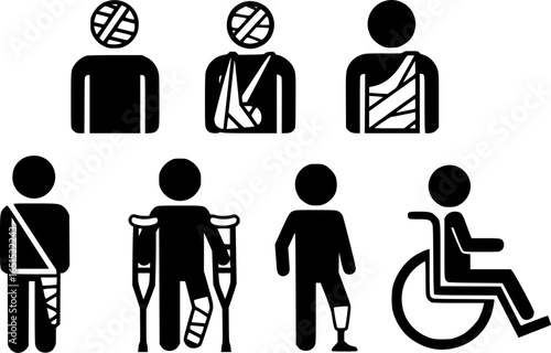 stickman icon set disabled, with bandaged man, injury illustration, stick figure people on crutches, person with prosthesis, medical icons, isolated on transparent See Less
