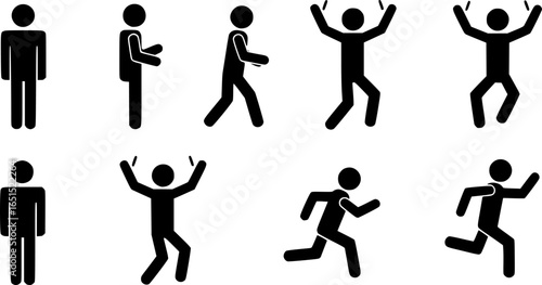 stick figure man icon, people waving their hands, human silhouettes isolated, basic poses set
