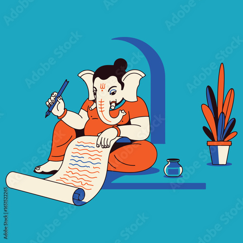 An illustration of Lord Ganesha writing on a long scroll, symbolizing his role as the scribe of the Vedas and a patron of arts and sciences.