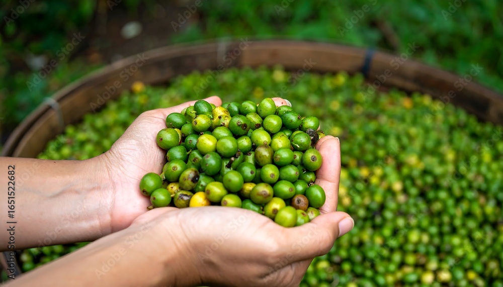 Green coffee beans in hands Green coffee beans in hands