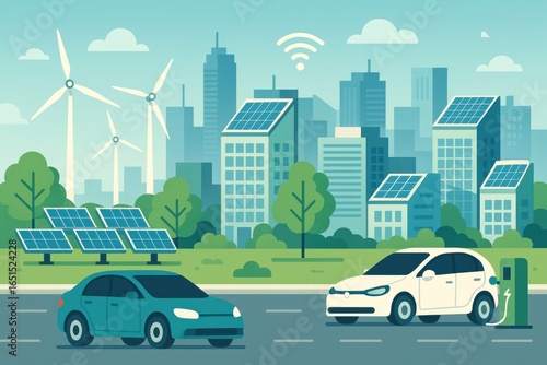 Futuristic eco-friendly city with renewable energy and electric cars
