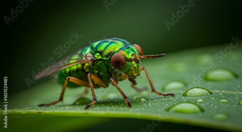 Wallpaper Mural Close up of a green fly resting on a leaf with water droplets in a natural outdoor setting macro shot Torontodigital.ca