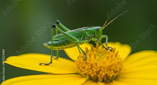 Wallpaper Mural A close up shot of a bright green grasshopper perched atop a vibrant yellow flower in nature scene Torontodigital.ca