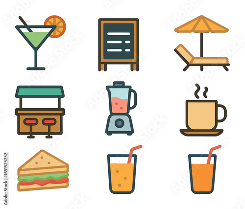 Beachside Cafe Icons. Flat icon set of beachside cafes and bars: cocktail glass, menu board, lounge chair,