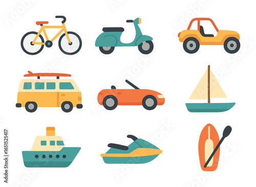 Summer Transport Icons. Flat icon set of summer transportation: bicycle, scooter, beach buggy, surf van,