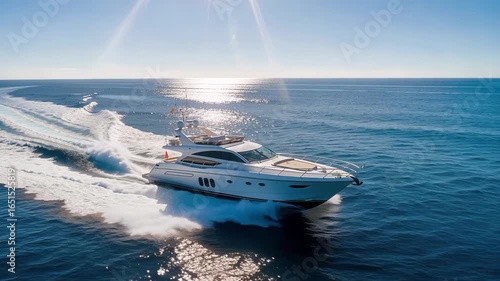 Luxurious white yacht cruising across sparkling blue ocean water leaving white wake trail captured in smooth aerial drone cinematography