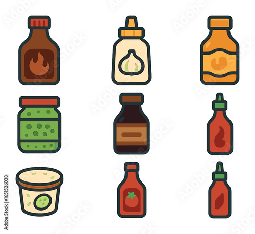 Grilling Sauces Icons. Flat icon set of sauces for grilling: BBQ sauce, garlic aioli, honey mustard,