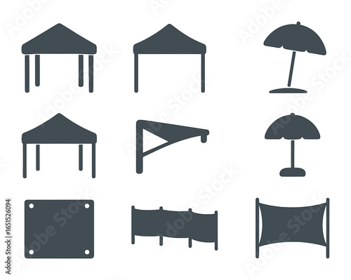 Picnic Shelter Icons Grid. Flat icon set of picnic shelter items: gazebo, pop-up tent, parasol, picnic canopy,