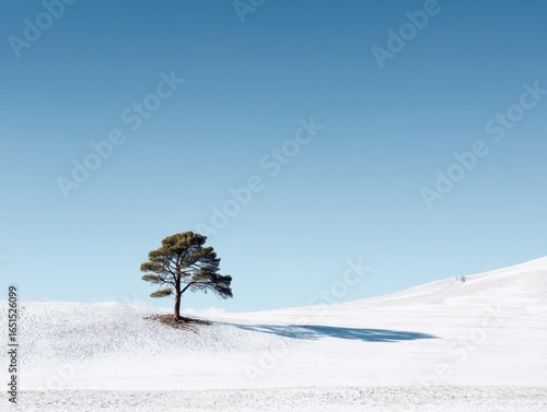 Solitary Pine Tree: Tall and Stark Against Pristine Snowy Landscape