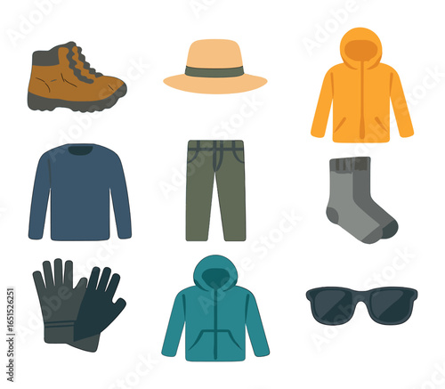 Travel Clothing Icons. Flat icon set of travel clothing: hiking boots, sun hat, rain jacket, thermal shirt,
